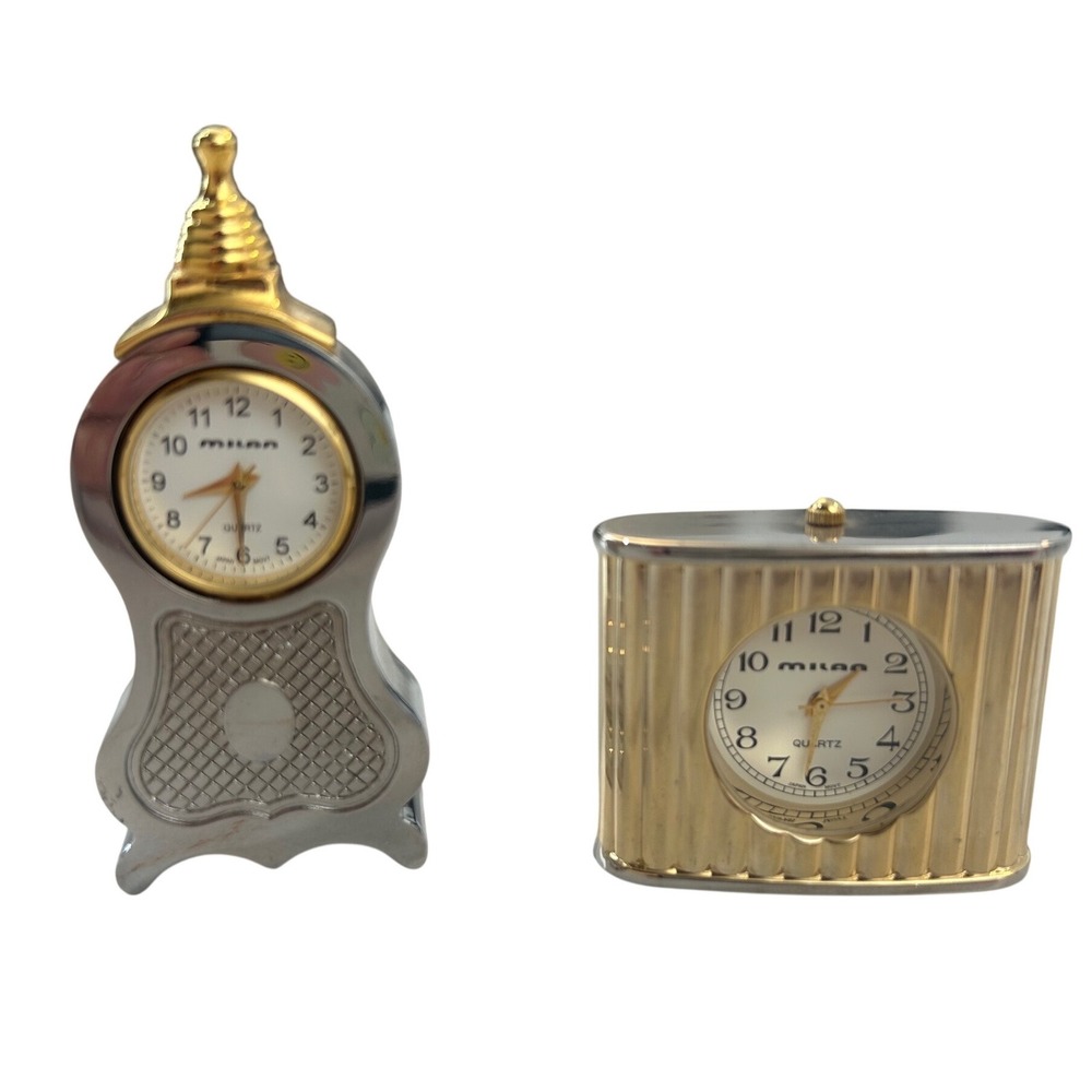 Milan Miniature Desk Clocks Set of 2 Quartz Gold Silver Tone Metal Vintage Style